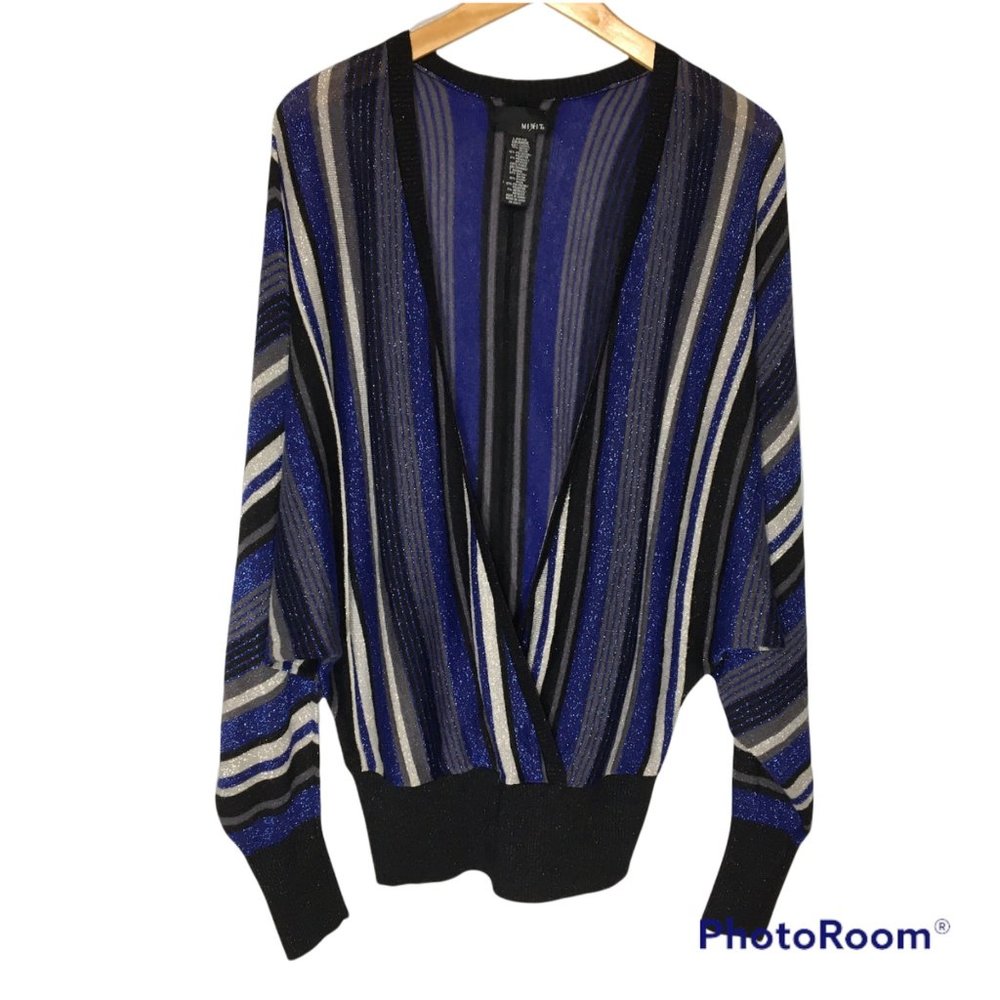 Vintage 90's Black Blue Silver Batwing Cross Over Sweater, Plunging V, Disco - L - Picture 2 of 10